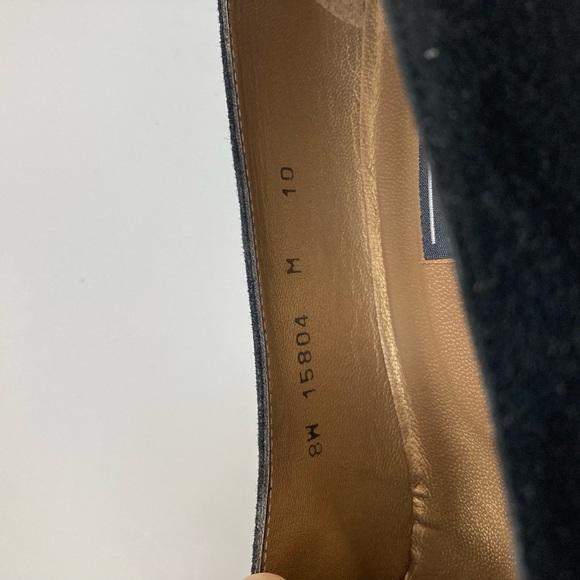 Stuart Weitzman Black and Gray Suede Heels with Gold Embroidered Chain - Picture 8 of 9